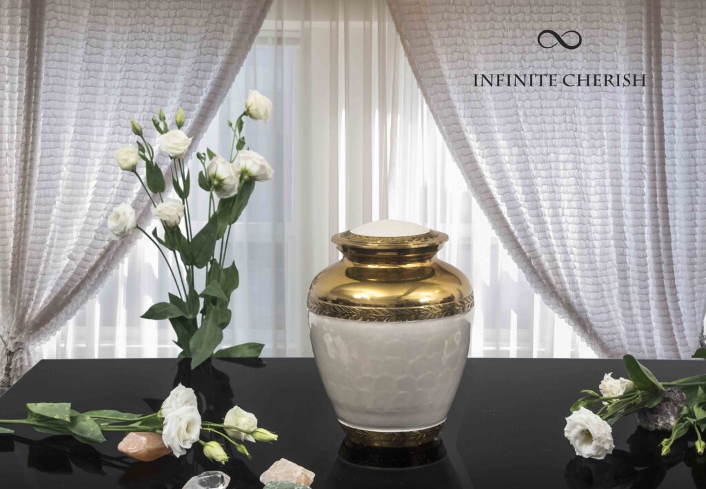 White and gold cremation urn for ashes, white body with a gold plating at the top, large, 200 cubic inch with a home style bacgound