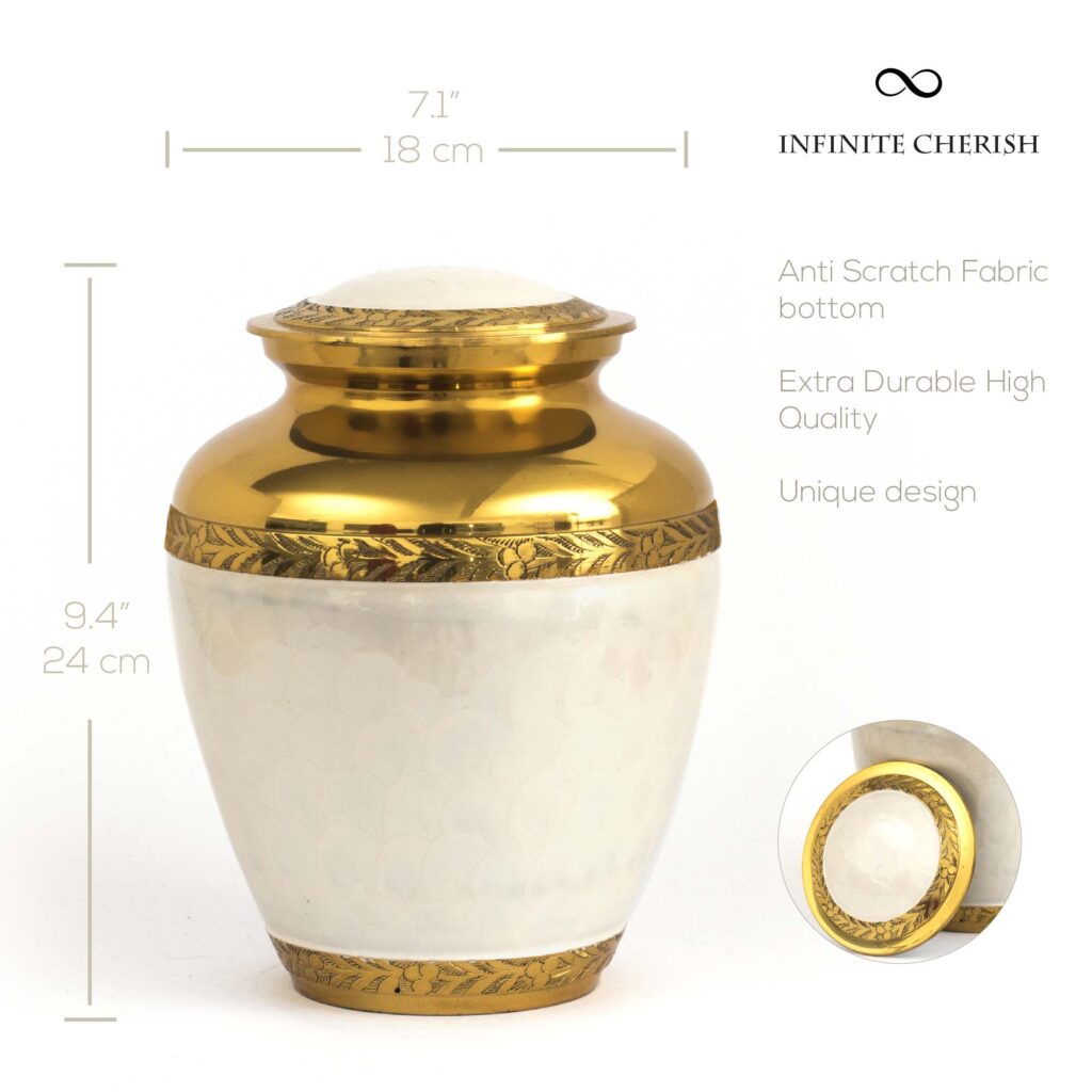 White and gold cremation urn for ashes, white body with a gold plating at the top, large, 200 cubic inch