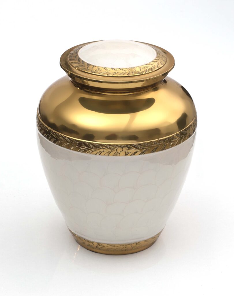 White and gold cremation urn for ashes, white body with a gold plating at the top, large, 200 cubic inch