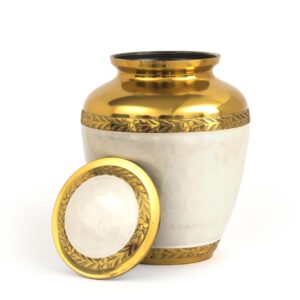 White and gold cremation urn for ashes, white body with a gold plating at the top, large, 200 cubic inch