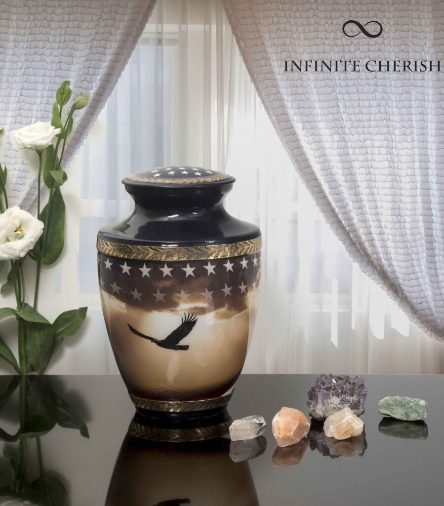 Cremation urn for ash, american patriotic scene on the urn, curtain and desk and flower