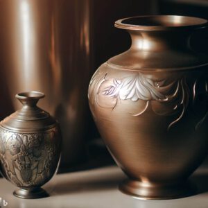 keepsake urn next to a large cremation urn