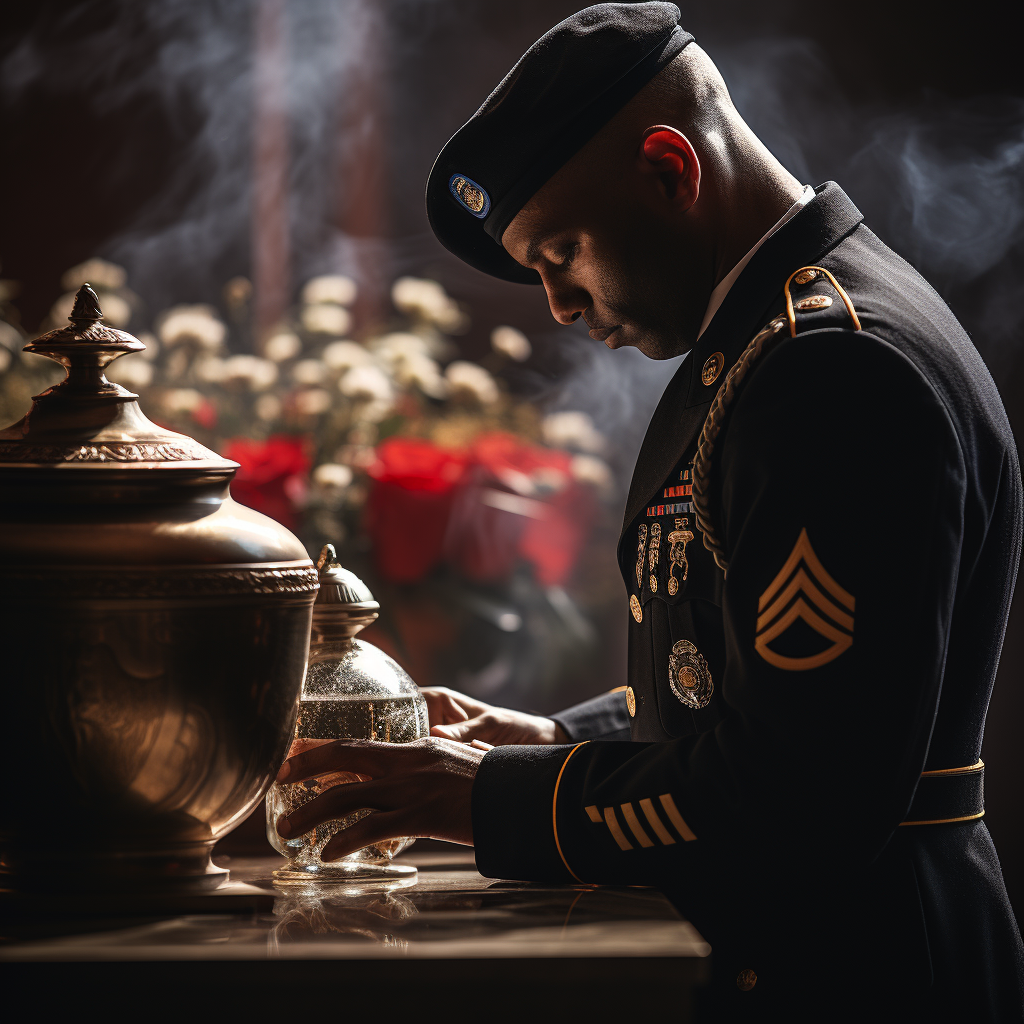 Cremation urn for ashes in a Patriotic American Funural ceremony