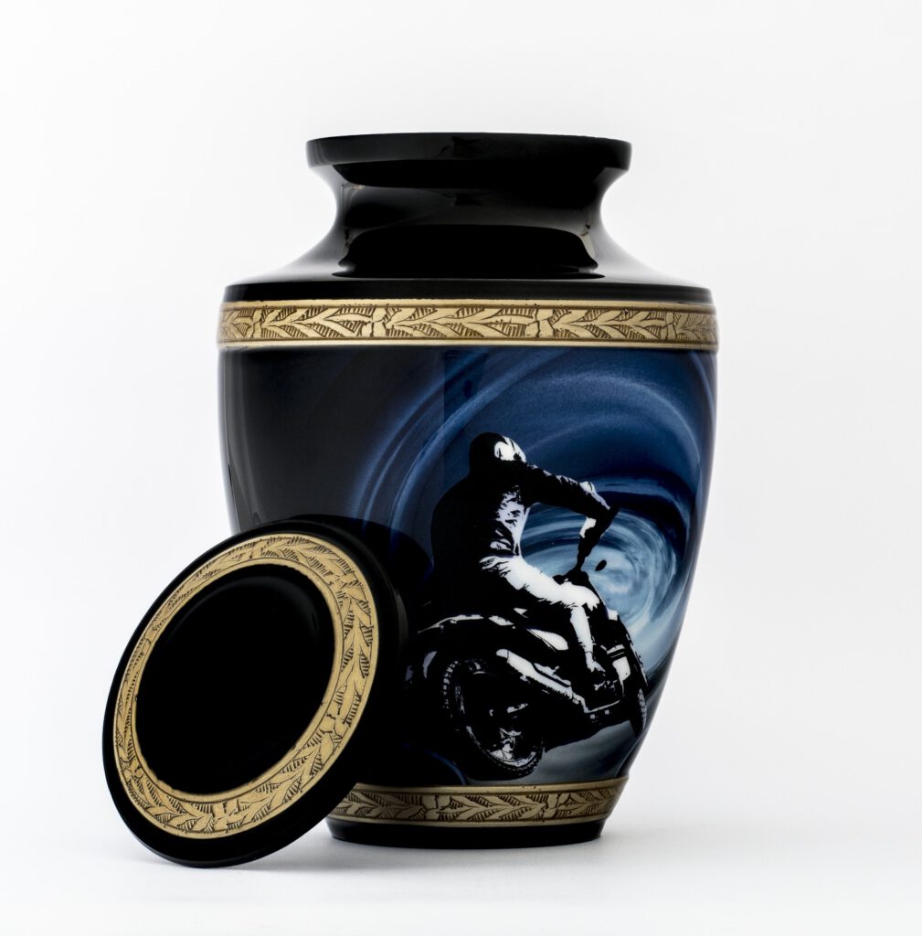 Black and gold Biker theme cremation urn for adult male
