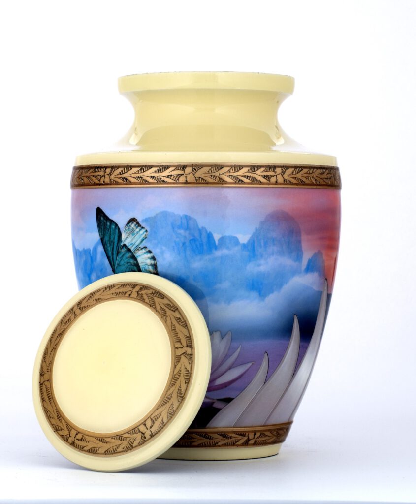 White gray Funeral urn for human ash pink with butterfly