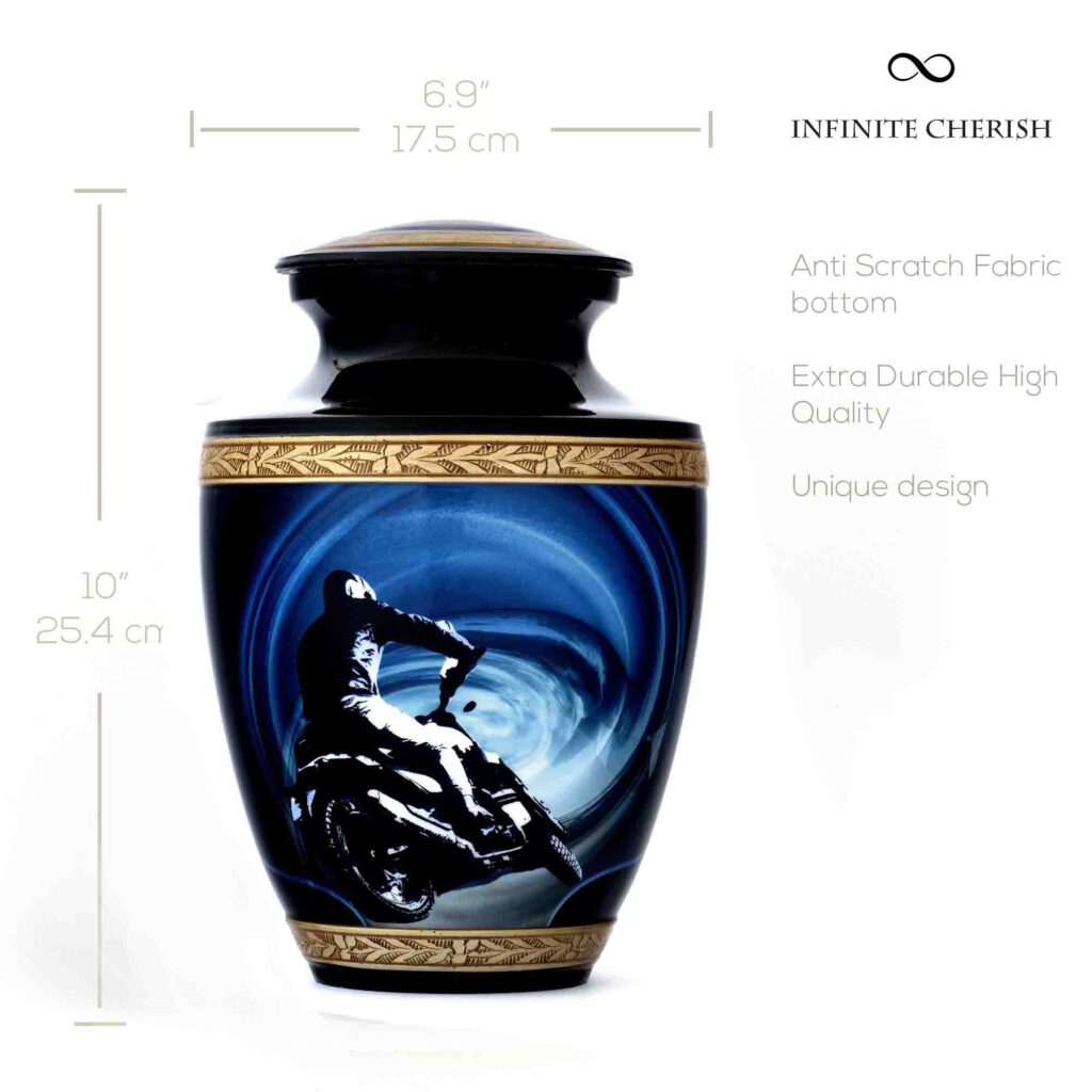 Black and gold urn for ashes adult male motorcycle style measurements