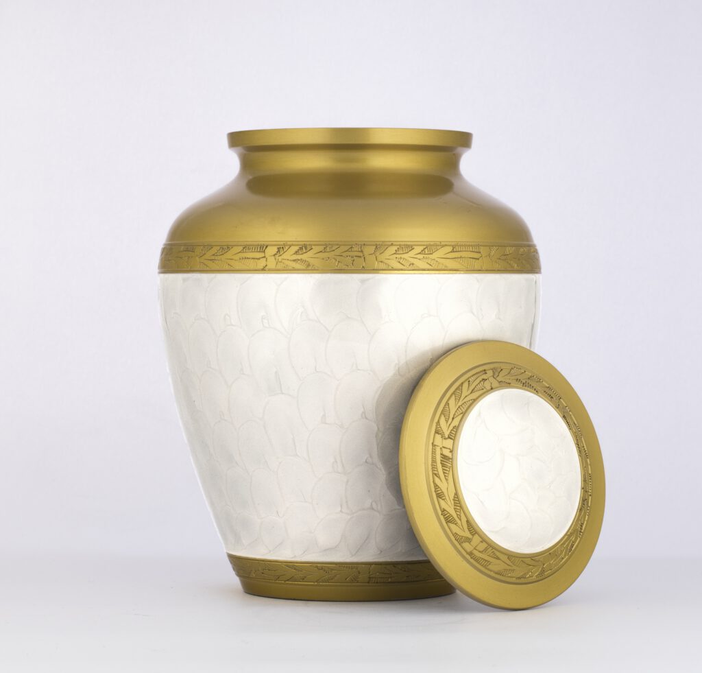 mother of pearl cremation urn lid on side
