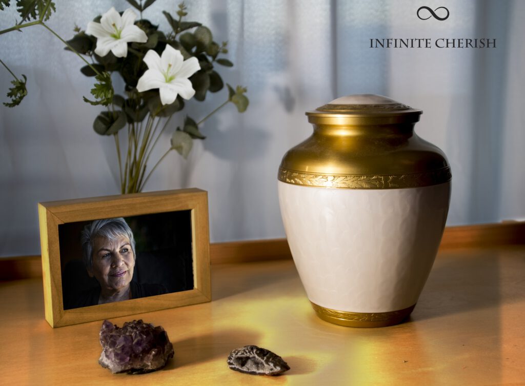 mother of pearl urn for ashes on the shelf