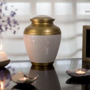mother of pearl urn for ashes on the shelf