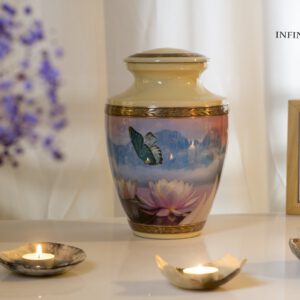 cremation urn for ashes large standard size yellow color urn with a blue butterfly
