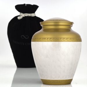 mother of pearl cremation urn with velvet bag